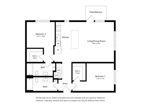 Floor plan for 2 beds, 2 baths, 1104 sqft